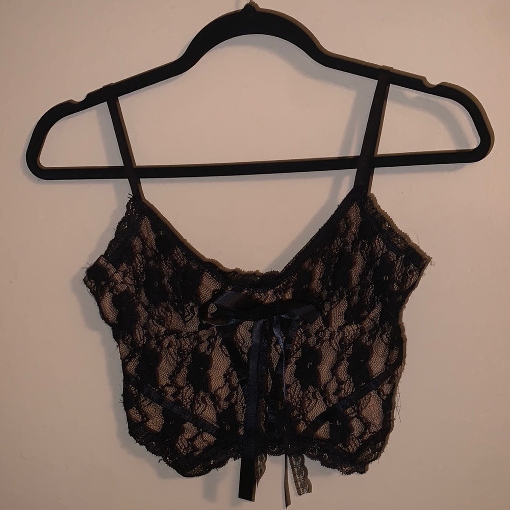 Small Cropped Black Lace Tank Cami with Ribbon
